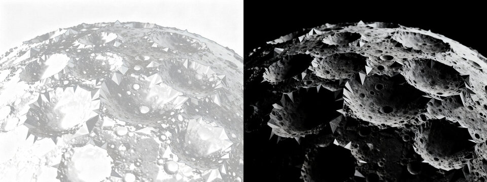 Rugged, pockmarked alien moonscape, densely populated with sharp, crystalline spikes and deep impact craters, rendered in stark grayscale