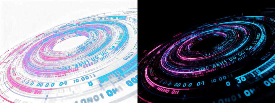Spiraling glowing digital data stream, intricate electric blue and neon magenta concentric rings showcasing binary code on a deep black background