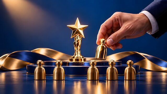 Hand selecting golden figure against trophy and team