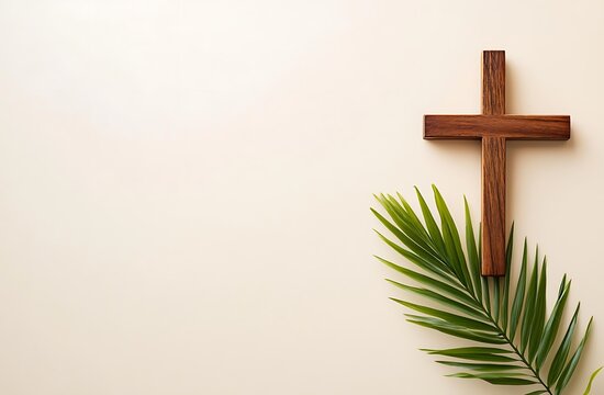 Wooden christian cross and green palm leaf on soft neutral background with palm sunday