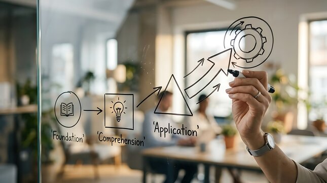 Professional writing a business development strategy on a glass board in a modern office.