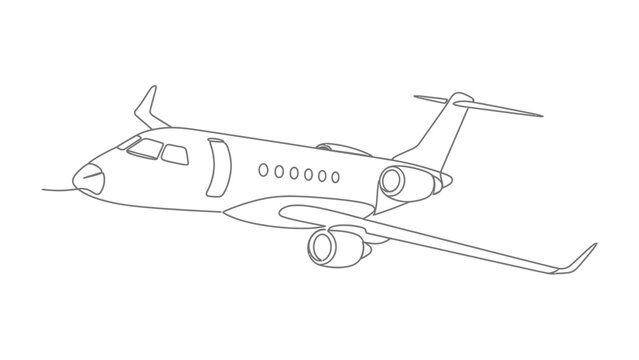Private Jet Illustration: A sleek, modern private jet is depicted in a clean line art illustration, showcasing its aerodynamic design and twin-engine configuration against a subtle background.