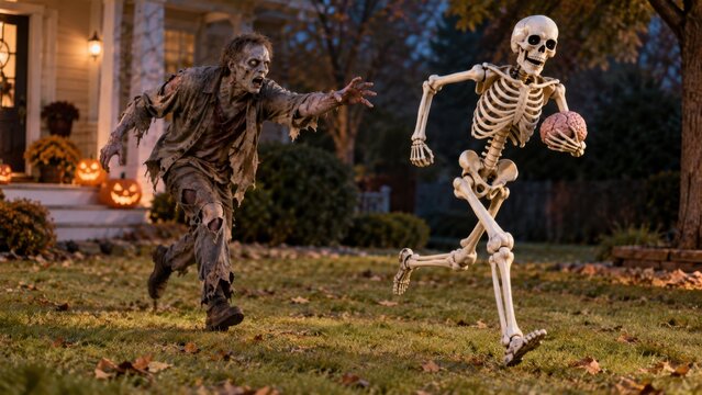 Zombie Chasing Skeleton Carrying a Brain on Halloween Night