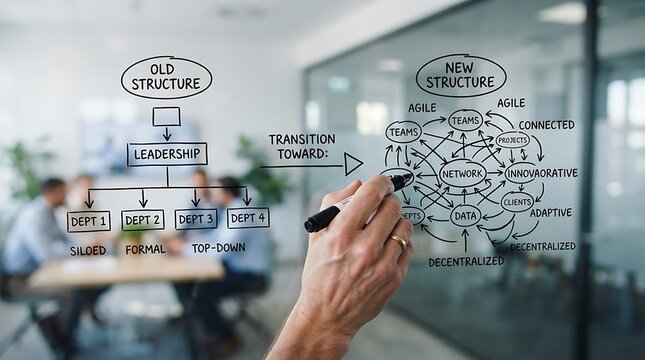 Business professional drawing a diagram on a glass wall showing the transition from a hierarchical to an agile network structure.