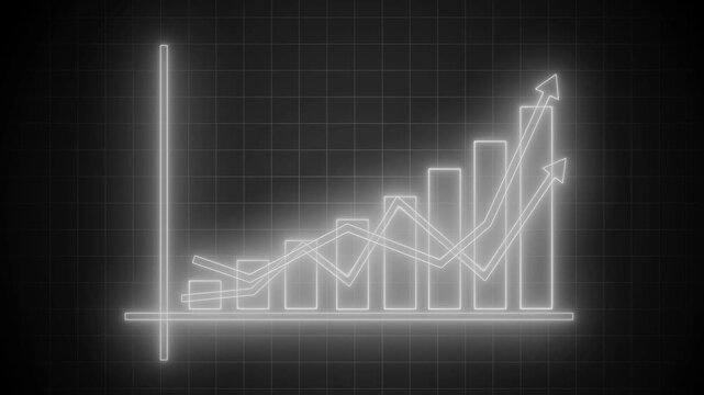 Neon-style glowing bar chart on black background with axes and three trend arrows overlay animation