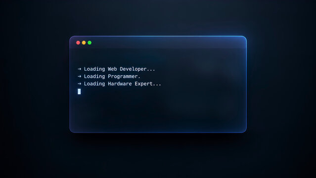 Minimal coding terminal window on dark background loading web developer, programmer, and hardware expert profile prompts