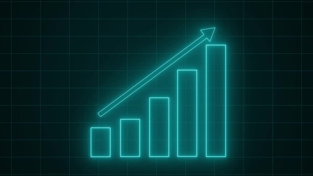 Neon upward bar chart with five bars and diagonal arrow on black background animation