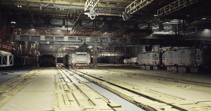 spacious cargo bay with floor tracks, metallic panels and ceiling fixtures frame tiedown rails and pallet stowage, faded markings and scuff marks on floor,