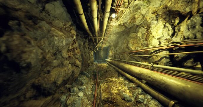 abandoned mine shaft plunging into darkness, rusted pipes and cables line narrow rocky corridor under crumbling supports, scattered debris and timber create