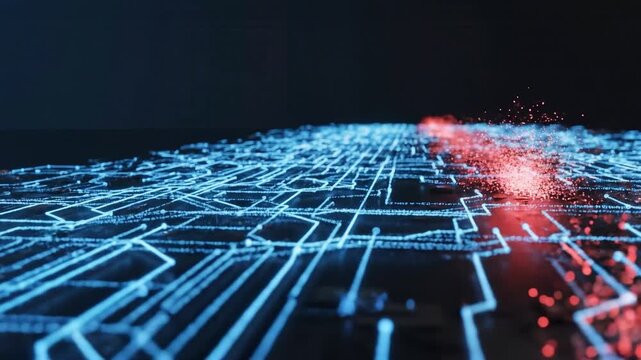 Red digital anomaly emerging in a glowing blue circuit board network