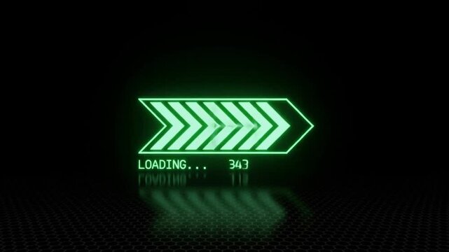 Neon green arrow loading bar animation, digital progress indicator for Ui and technology interfaces.