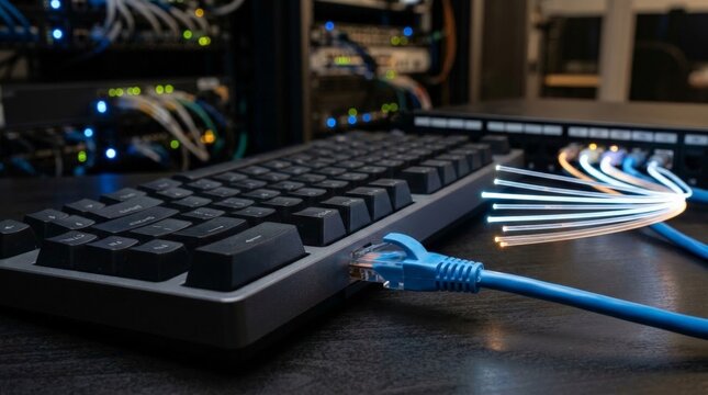 A close up shot of a mechanical keyboard connected with a blue ethernet cable on a dark desk with glowing fiber optic cables and server racks in the background, underscoring the technology
