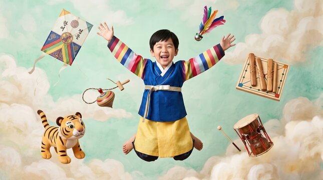Happy Korean boy in hanbok with rainbow sleeves jumping among floating kite, spinning top, janggu drum and tiger toy