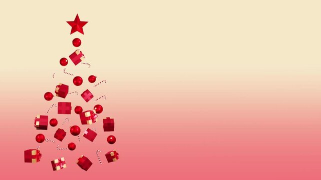 3D Christmas animation with spinning gifts, red ornaments, candy canes and a star forming a festive tree. Warm holiday background with copy space for text, advertising and seasonal greetings.
