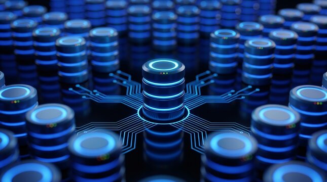 central database storage server network big data center circuit board electronic microprocessor traces artificial intelligence cloud computing digital communication cyber futuristic technology system