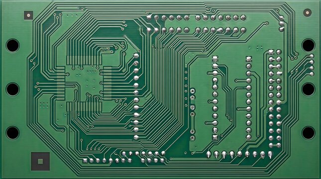 Close up view of green printed circuit board with intricate copper traces and components for electronic devices.