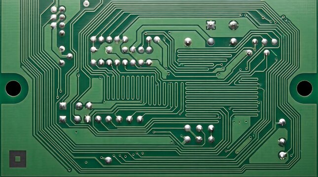 Detailed view of a green circuit board with silver solder points and complex interconnected copper pathways.