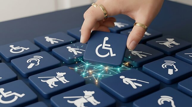 Close up of hand placing dark blue tile with disability wheelchair symbol onto keyboard to represent digital accessibility and inclusion for all users.