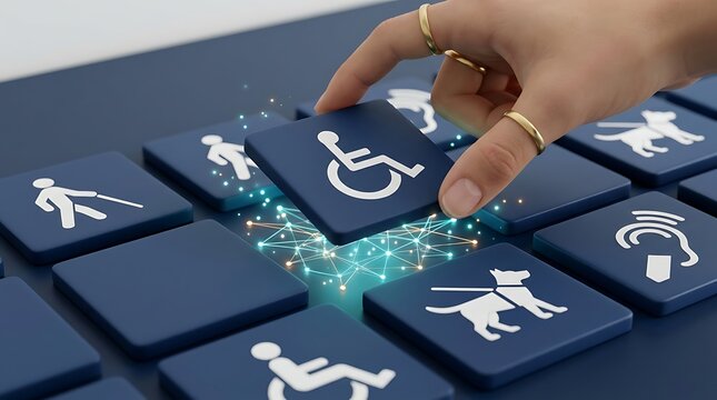 Person placing wheelchair accessibility symbol tile on interactive blue digital board representing online inclusion and accessible technology for disabled.