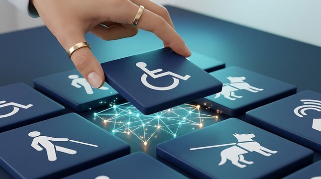 Hand inserting blue wheelchair icon tile into a connected digital network grid illustrating the concept of internet accessibility and inclusive user design.