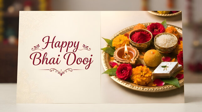 Happy bhai dooj greeting card design with traditional puja thali lit diya lamp sweets flowers on a decorative background