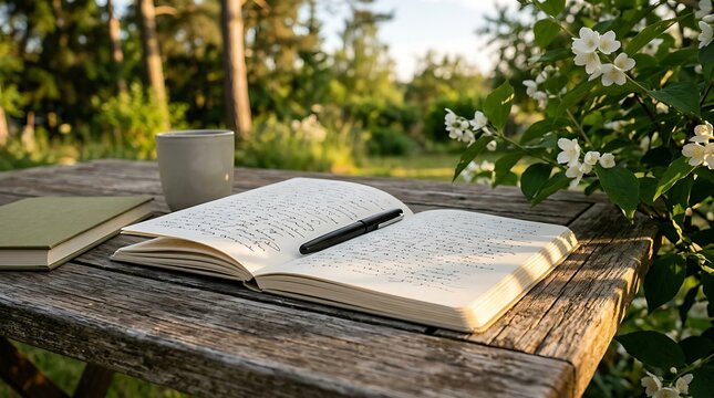 Open notebook with pen on rustic wooden table in garden with blooming jasmine creating serene atmosphere for journaling and reflection.