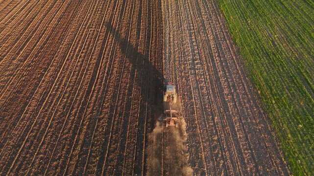 Aerial view of tractor with harrow cultivating soil and raising dust next to green field at sunset