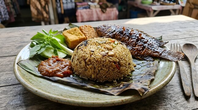 A delicious plate of Indonesian nasi campur featuring grilled fish served on a banana leaf with rice, vegetables, and sambal on a wooden table.