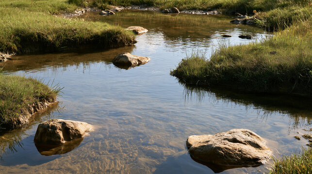 Clear Shallow Stream With Visible Streambed and Grassy Banks