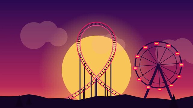 A flat style vector animation showing a roller coaster car riding along a loop track with a ferris wheel against a large golden sun and a sunset sky background.
