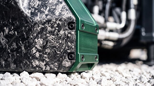 Forged carbon fiber composite material bolted to green anodized aluminum machinery