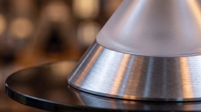 Close up of modern brushed metal table lamp on glass surface