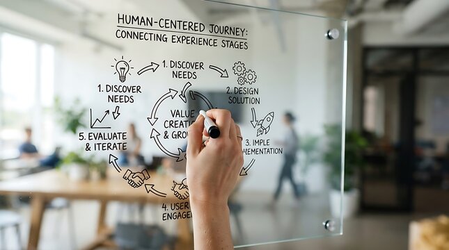 A business professional drawing a human-centered design journey diagram on a glass whiteboard in a modern office.