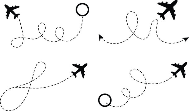 Set of four airplane flight paths with dotted lines and icons on a white background flight path dotted line plane icon air travel flight route travel design airplane silhouet
