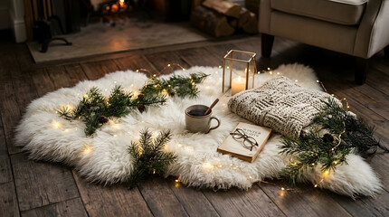 Obraz premium A cozy holiday scene features a white rug with a christmas ornament, warm fairy lights, a knitted blanket, a book with glasses, and a steaming mug resting on wooden floorboards