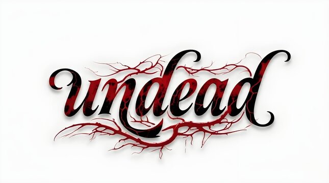 A dark gothic text logo of the word undead featuring thorny and blood-red root details on a clean white background.