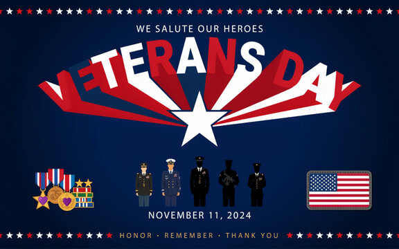 Veterans Day patriotic design featuring military medals, uniformed silhouettes, American flag, stars, and bold typography honoring military service and sacrifice.