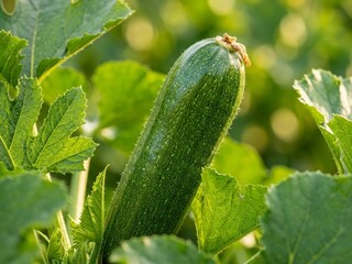 Naklejka premium Fresh green cucumber growing on plant in garden.