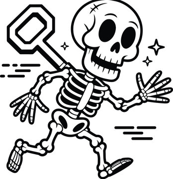 Cartoon skeleton running with a wind-up key on its back in black and white mechanical toy cartoon skull funny skeleton active skeleton line art spooky toy character design