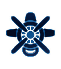 Blue glossy airplane engine propeller icon featuring rotating blades for aviation and flight aircraft isolated on a transparent background © Arthur