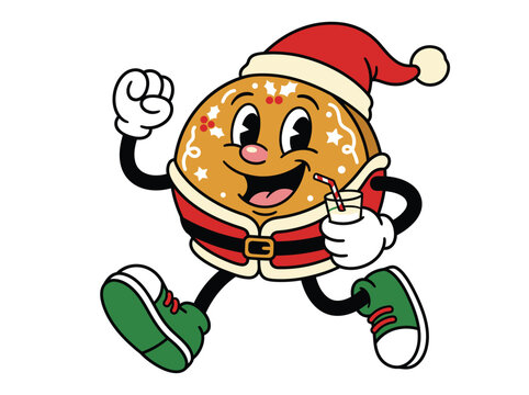 Happy gingerbread cookie character wearing a red santa hat and running with a glass of milk