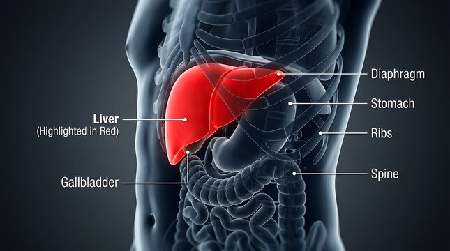 Anatomical illustration of the human liver with labeled surrounding organs and structures
