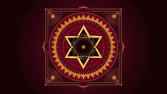 Rotating sacred geometry mandala with concentric rings and interlocking triangles loop