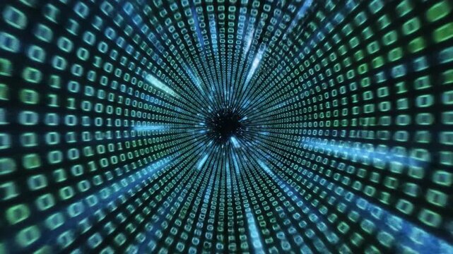 Abstract Digital Tunnel Visuals Moving Through Matrix Style Stream