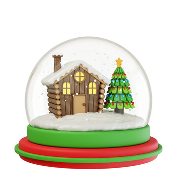 Glass snow globe Christmas decorative design 3d illustration, isolated on transparent background