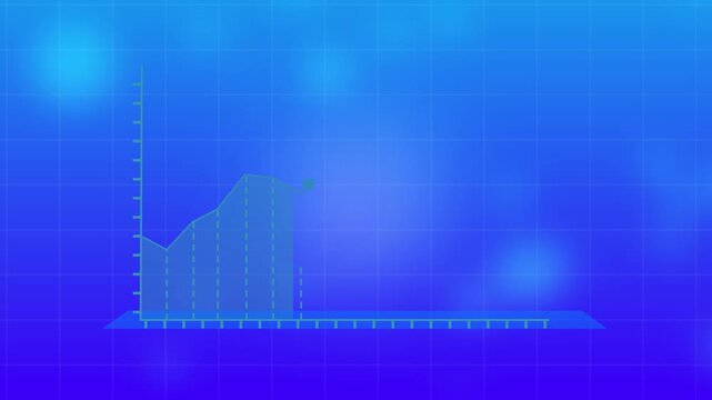 3D glowing blue line graph progress animation with smooth camera tracking and data motion rising up on dark blue background. 4K animated chart for profit visualization, business growth, and market up.