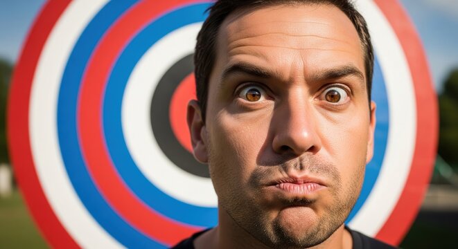 Sunny Portrait Of Astonished Man With Exaggerated Wide Eyes And Puckered Lips Near Red White Blue Target