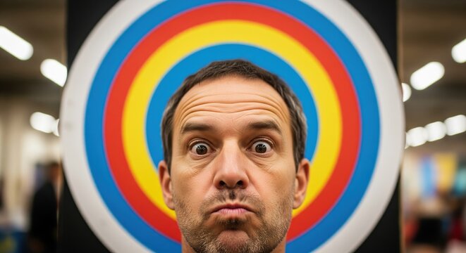 Surprised Adult Male With Raised Eyebrows Wide Eyes And Compressed Lips Before Vibrant Circular Archery Target
