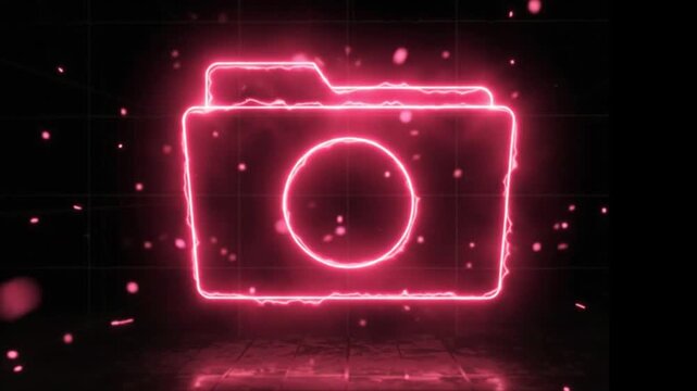 Glowing red folder file icon with electric energy effect on black neon