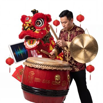 Asian man performing traditional lion dance with drum and gong for Chinese New Year celebration.
